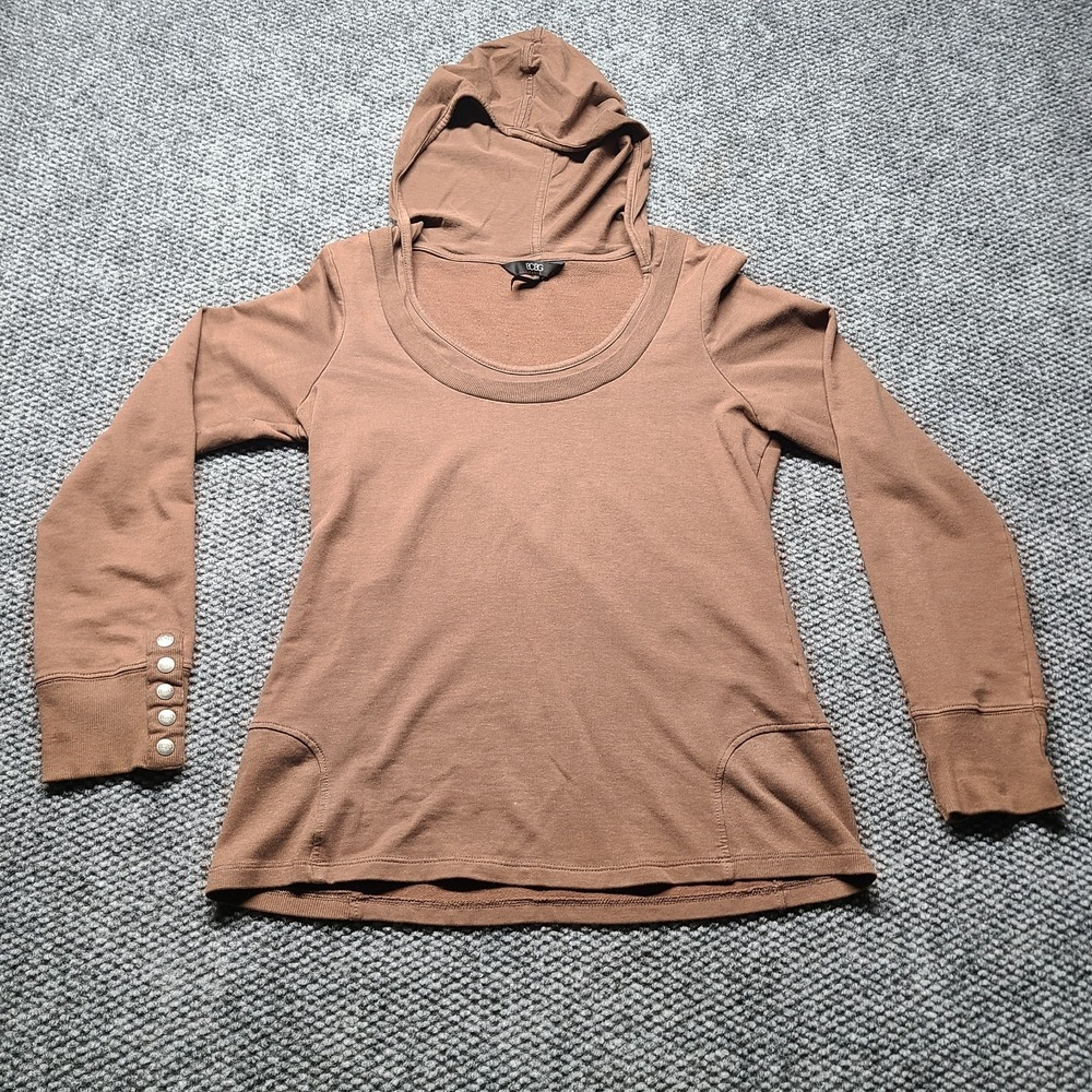 BCBG Paris Hooded Shirt Womens Medium Brown Decorative Button Cuffs ZYN1F096